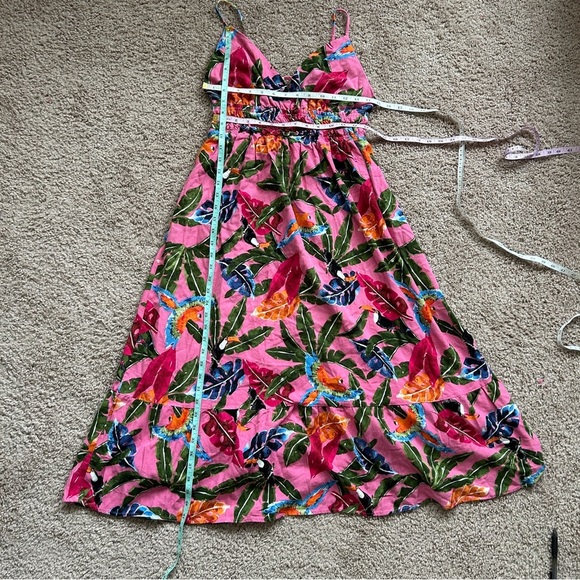 By The River Tropical Print Pink Floral Toucan Parrot Midi Dress Size Medium - Picture 9 of 9
